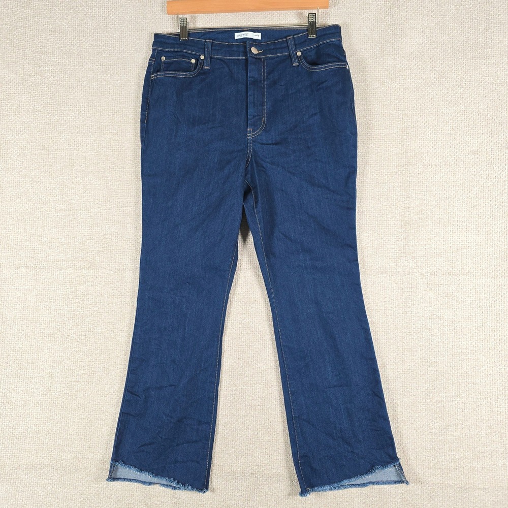 Nine West Womens Kick Flare Jeans Dark Wash High Rise Raw Hem Blue Size 14‎